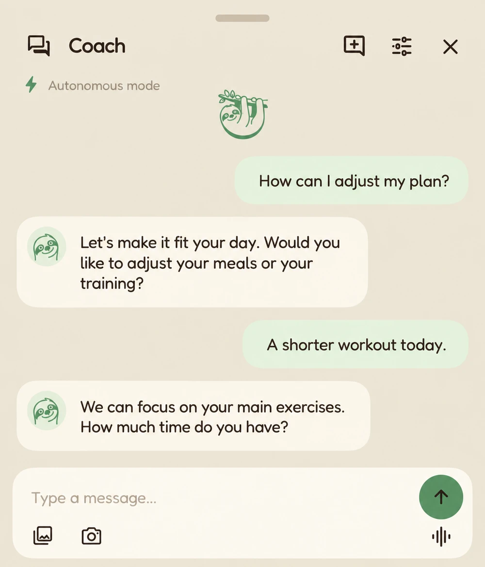 Edited LifeGoals Coach preview with an example conversation about a shorter workout