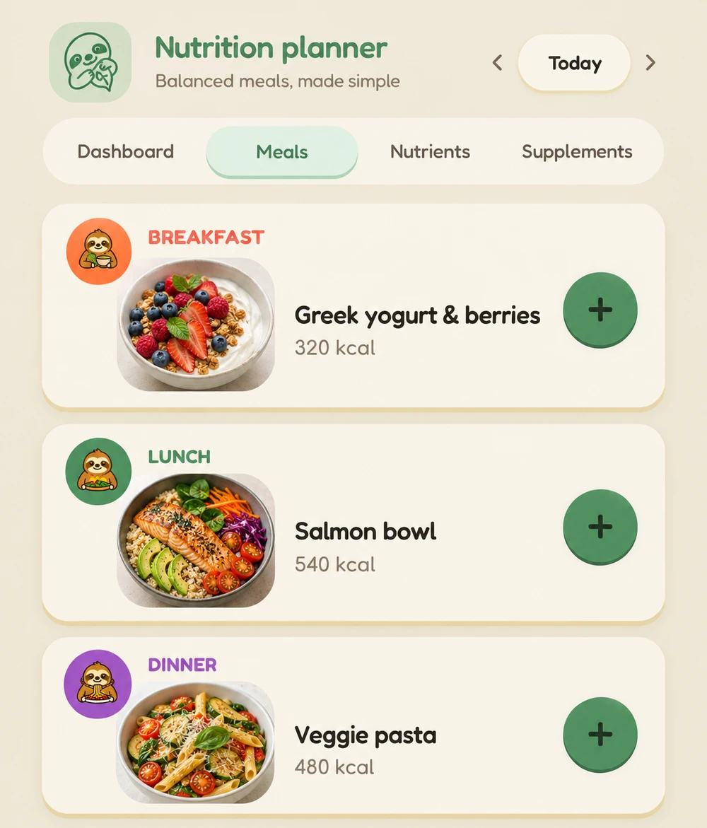 Edited LifeGoals meal preview with yogurt, a salmon bowl and pasta as example meals