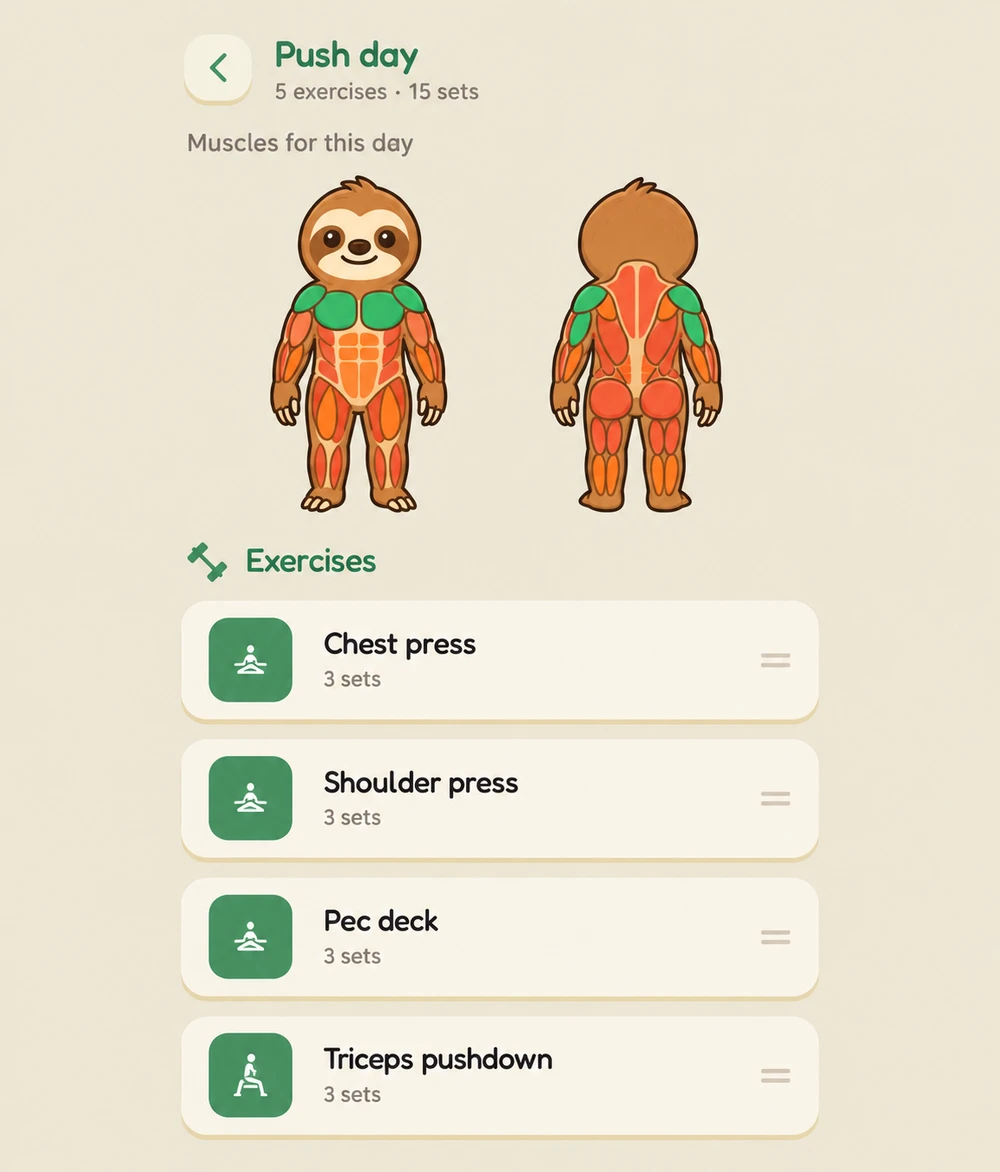 Edited LifeGoals Push workout preview with the sloth muscle map and example exercises